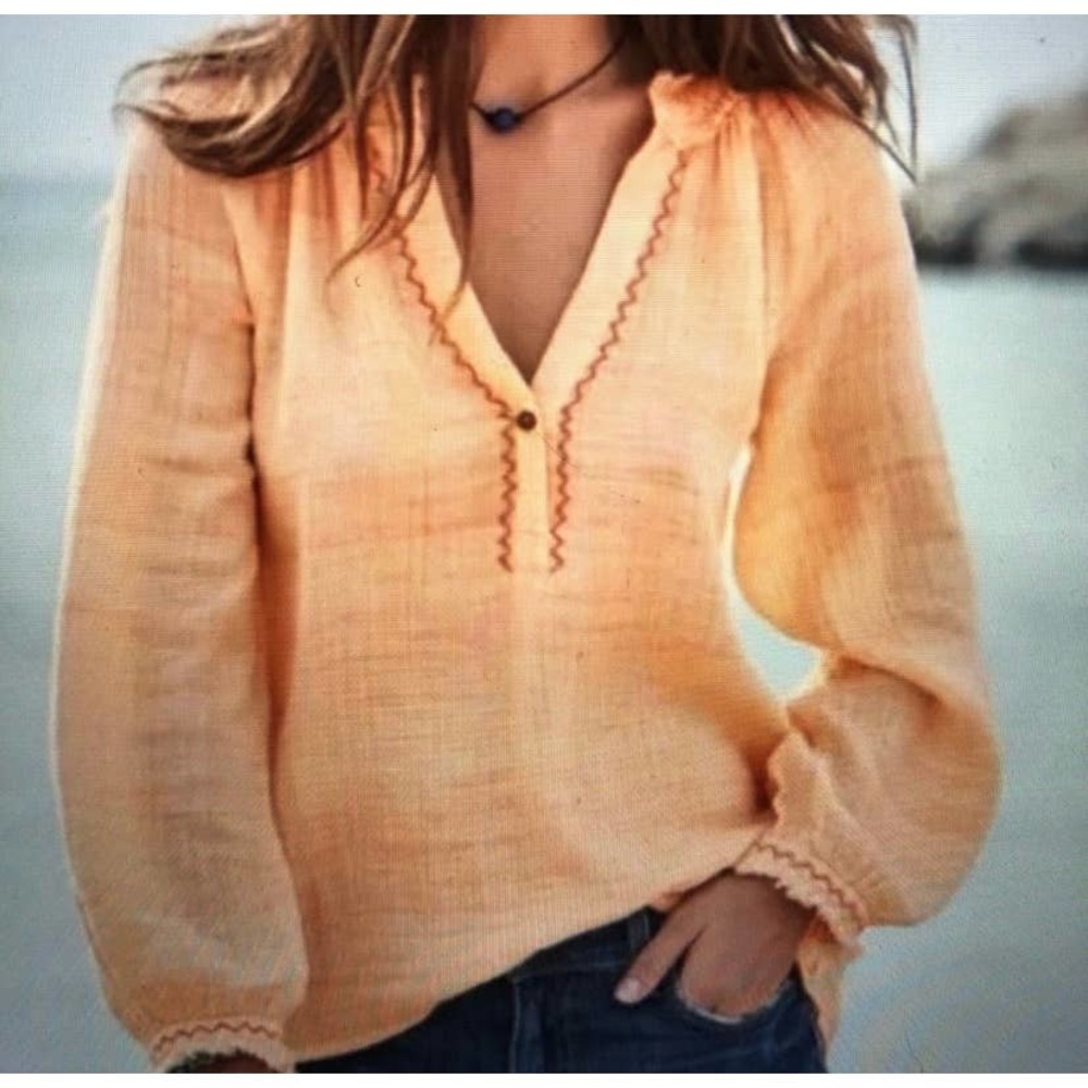 Sundance Orange Gentle Breeze Coastal Granola Western Embroidered Top - Picture 2 of 7